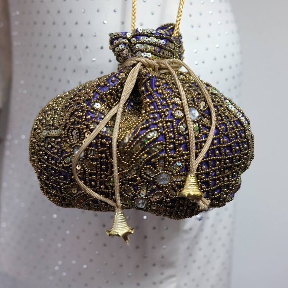 NWT Royal Blue Gold Pearl and Sequence embroidered bucket bag/potli - Picture 1 of 3